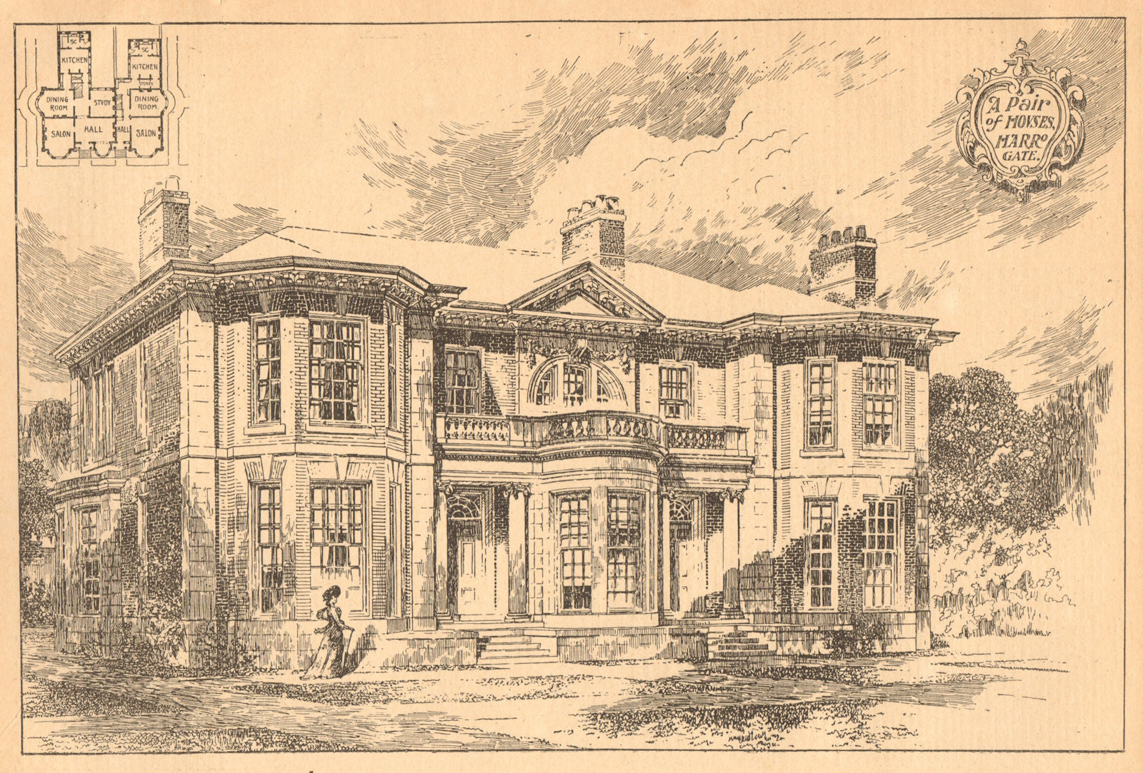 A pair of houses, Harrogate. Yorkshire 1904 old antique vintage print picture